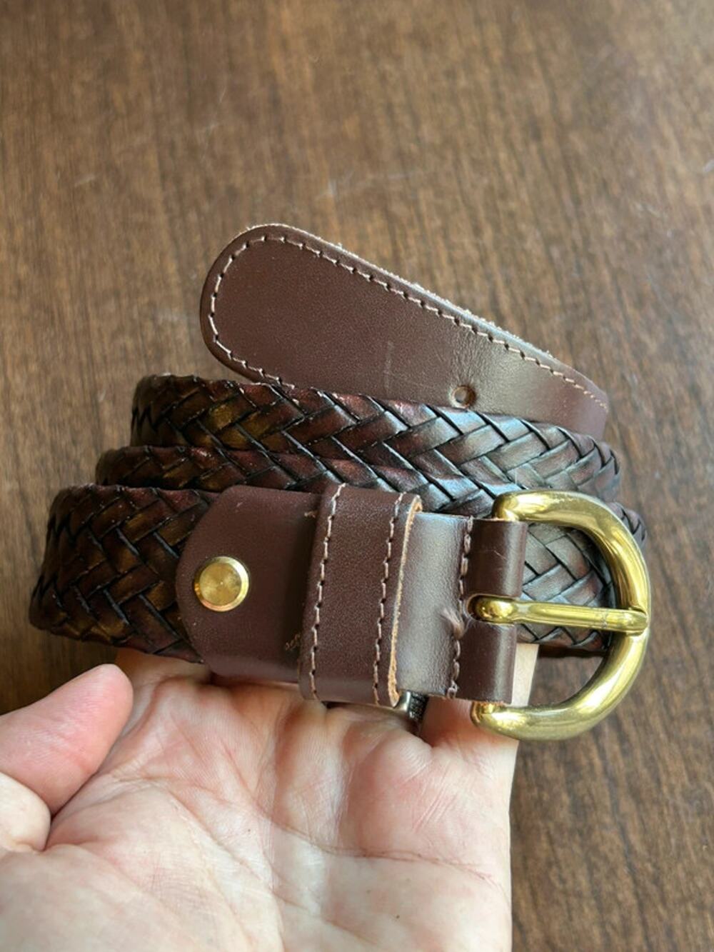 Vintage Italian Men's 36 Brown Leather Woven Belt solid brass buckle